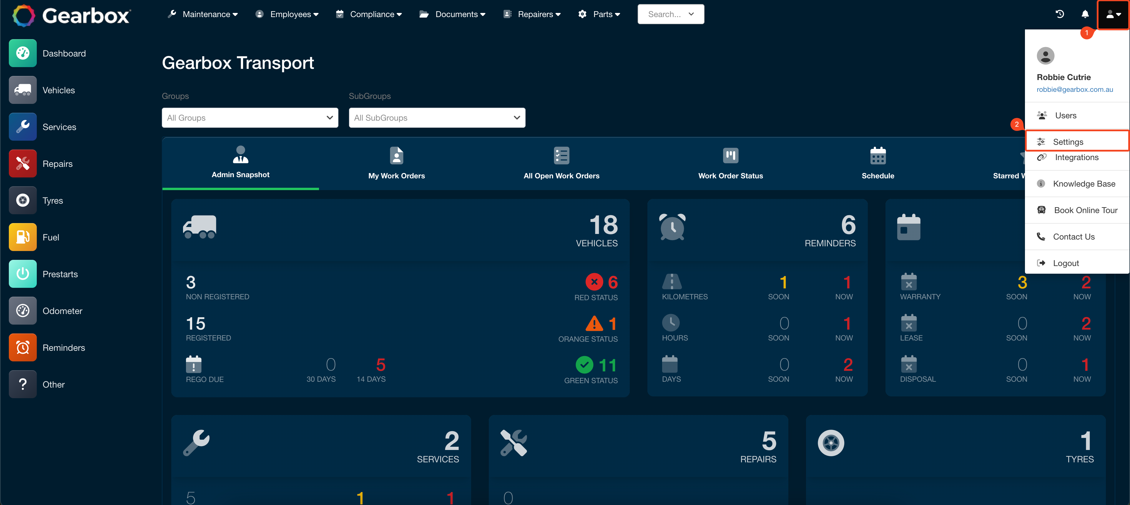 Access Settings via user menu