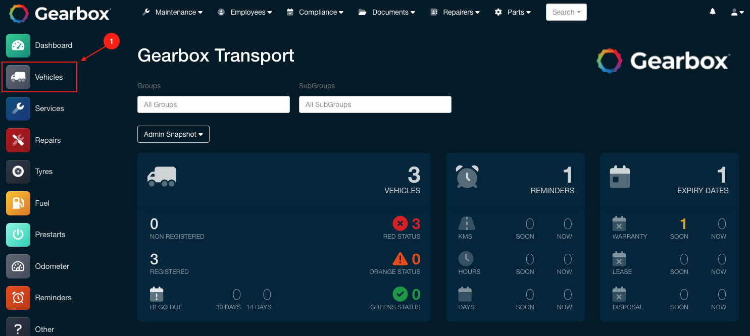 Vehicles menu