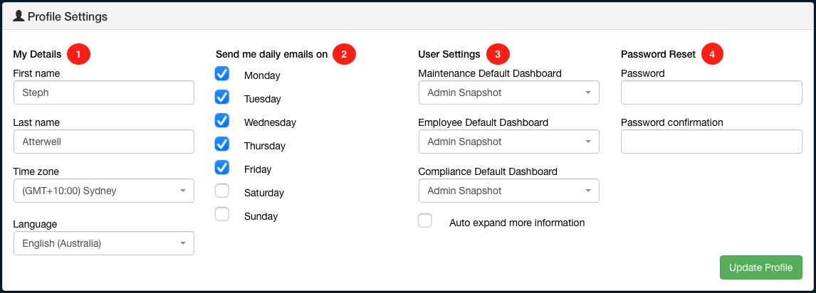 Profile settings example