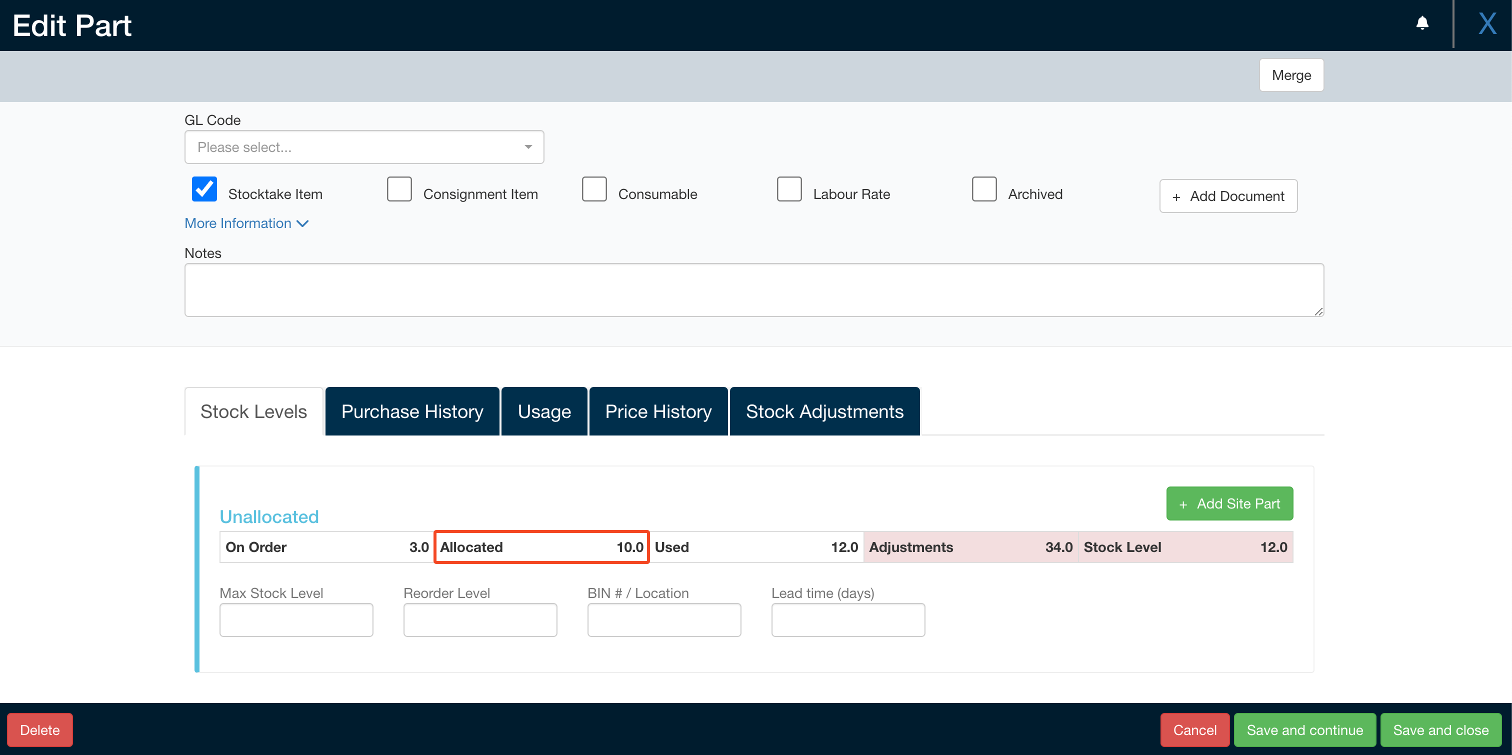 Stock view showing 10.0 parts allocated