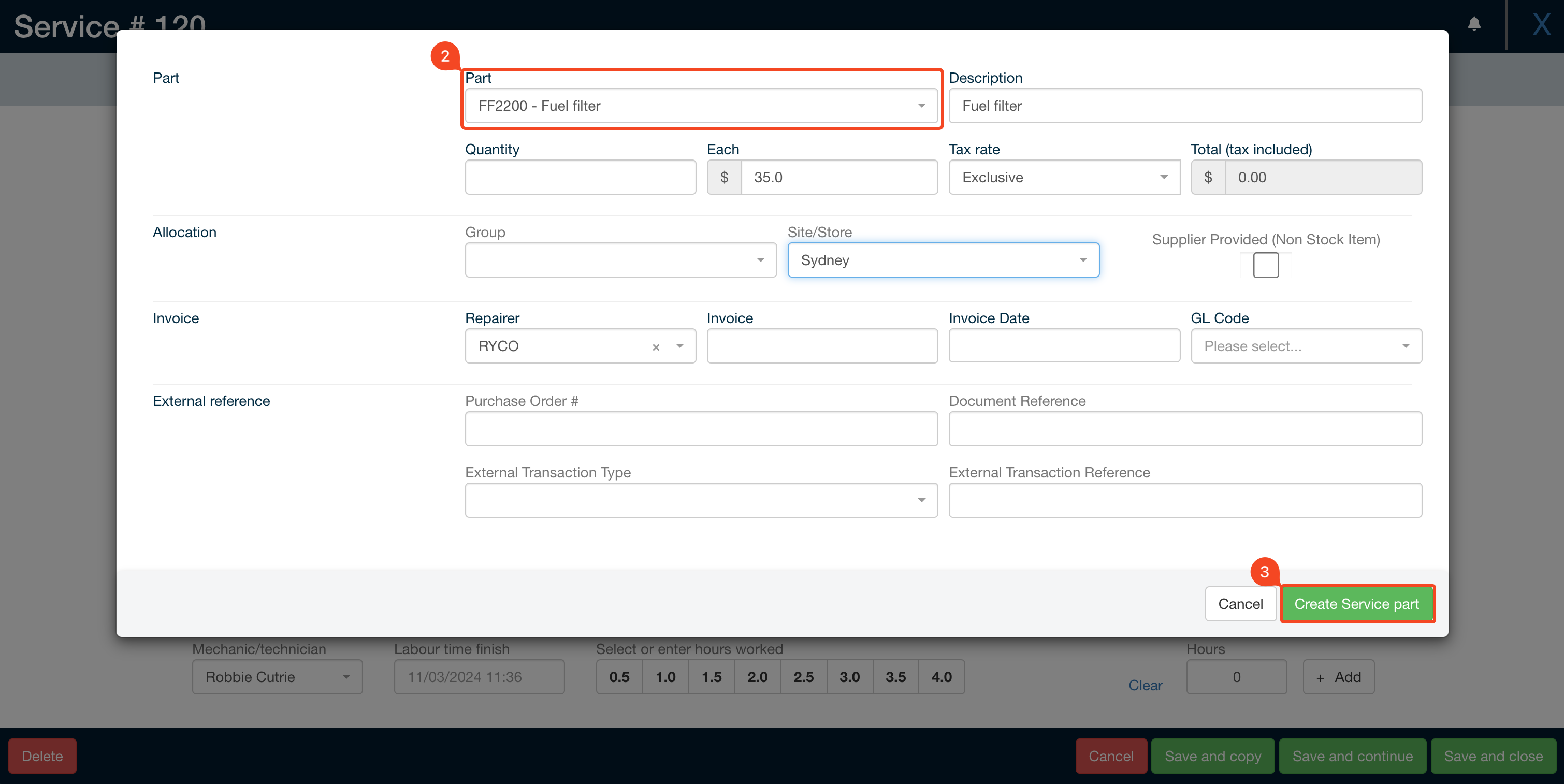 Part selection popup showing auto-filled description and price