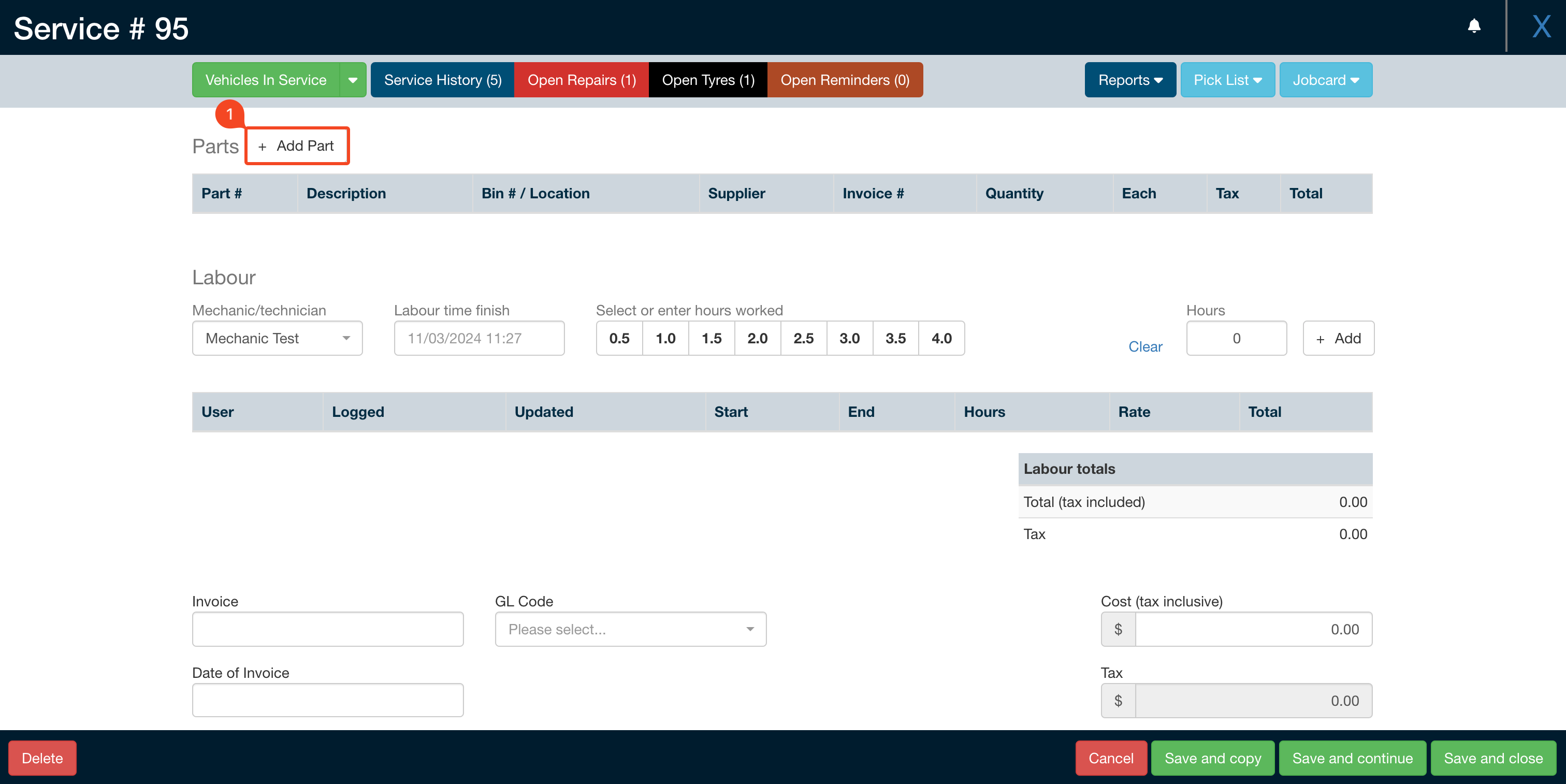 Add Part button on a Service Work Order